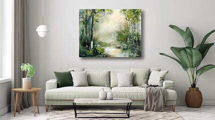 abstract oil painting of a forest landscape in spring, in the style of farmhouse wall art, subtle calmful color palette