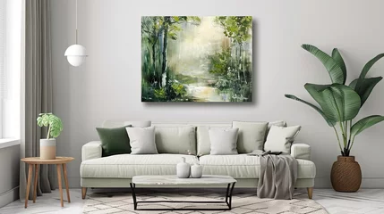 Foto op Aluminium abstract oil painting of a forest landscape in spring, in the style of farmhouse wall art, subtle calmful color palette © paisorn