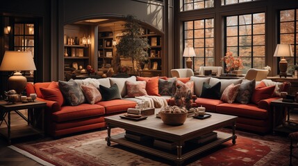 A cozy living room with warm embrace walls and deep elegance accent furniture - obrazy, fototapety, plakaty