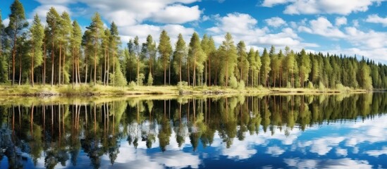 Fototapeta premium Pine forest, with a bright blue sky reflected in the calm water.