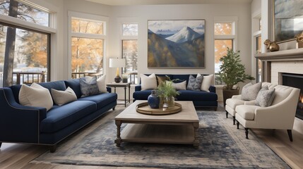 A cozy living room with warm ivory walls and deep sapphire accent furniture