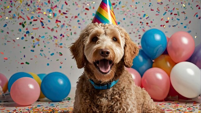 labradoodle dog wearing a party hat celebrating at a birthday party, surrounding by falling confetti