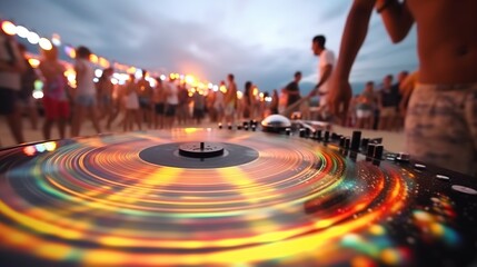 Night beach music party. Professional sound system dj console.