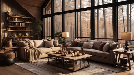 A cozy living room with whispering wheat walls and dark chocolate accent furniture