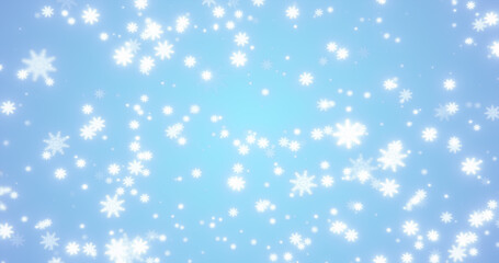 Naklejka premium Christmas festive bright New Year background made of white glowing winter beautiful falling flying snowflakes patterns on a blue background