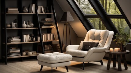 A cozy reading nook with creamy white built-in bookshelves and a coal black reading chair - obrazy, fototapety, plakaty