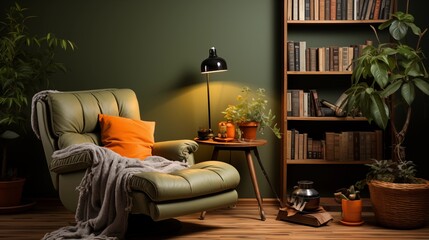 A cozy reading nook with earthy olive green walls and warm terracotta armchair