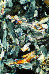 Abstract micrograph of methionine crystals made with a polarizing microscope.