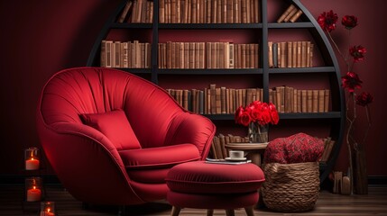 A cozy reading nook with gentle red built-in bookshelves and a deep ruby reading chair - obrazy, fototapety, plakaty