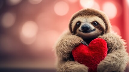 Fototapeta premium Cute sloth toy with red heart, Valentine's day.
