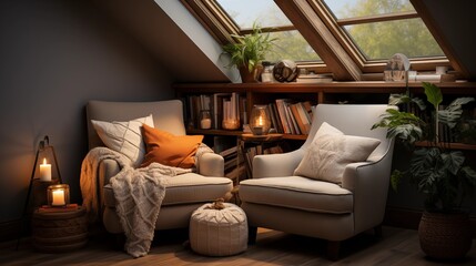 A cozy reading nook with light honey built-in bookshelves and an espresso reading chair