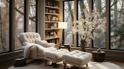 A cozy reading nook with light ivory built-in bookshelves and an ebony reading chair - obrazy, fototapety, plakaty
