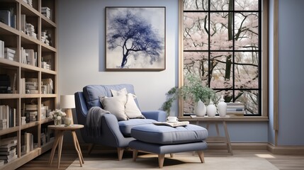 Fototapeta premium A cozy reading nook with light periwinkle built-in bookshelves and a midnight navy reading chair