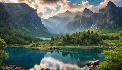 Foto op Plexiglas Majestic mountain peaks rise above a misty, turquoise lake surrounded by verdant forests. Generative AI. © zax