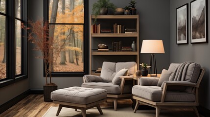 A cozy reading nook with light taupe built-in bookshelves and a charcoal gray reading chair, - obrazy, fototapety, plakaty