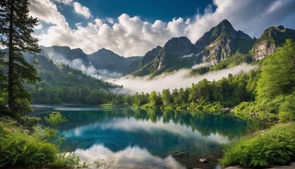 Fototapeta na wymiar Majestic mountain peaks rise above a misty, turquoise lake surrounded by verdant forests. Generative AI.