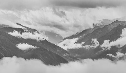 Black and white landscape. Traveling in the mountains, climbing.	