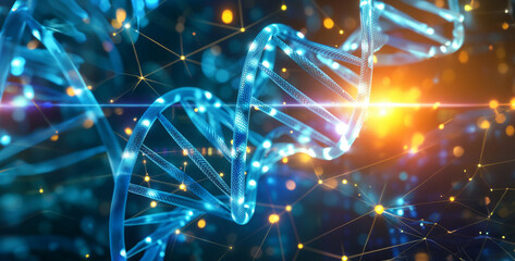 Creative glowing DNA molecule structure on blue background. Medicine and biotechnology concept.Biochemistry background concept with high tech dna molecule 3D rendering
