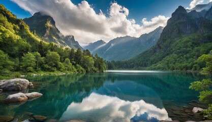 Naklejka na ściany i meble Majestic mountain peaks rise above a misty, turquoise lake surrounded by verdant forests. Generative AI.