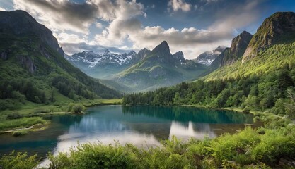Fototapeta na wymiar Majestic mountain peaks rise above a misty, turquoise lake surrounded by verdant forests. Generative AI.