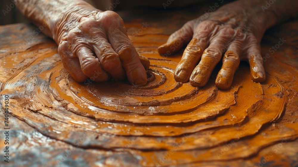 Poster closeup of a potters fingers gently scoring intricate patterns into the leatherhard clay creating a 
