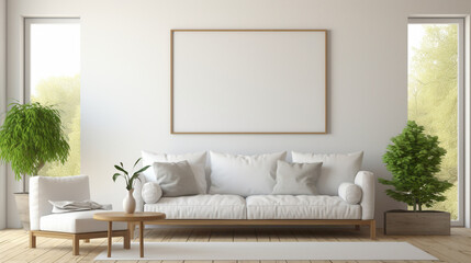 A simple and cozy living room with a blank white empty frame, capturing the warm ambiance created by natural light streaming through the windows.