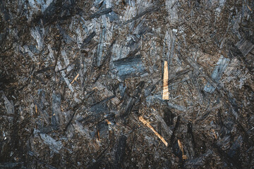 Grunge old wooden sawdust background, texture. Wooden surface in black color, abstract, full frame