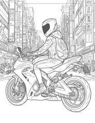 Naklejka na ściany i meble Biker on a motorcycle. Traveling through future cities. A girl on a motorcycle wearing a helmet. Illustration for coloring book