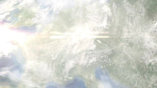 Earth zoom in from space and focus on Ostfildern, Germany. 3D Animation. Satellite view. Background for travel intro. Images from NASA