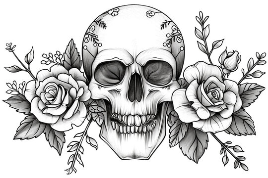 Human skull with flowers. Black and white illustration. Illustration for design of tattoos, stickers, posters, drawing books.