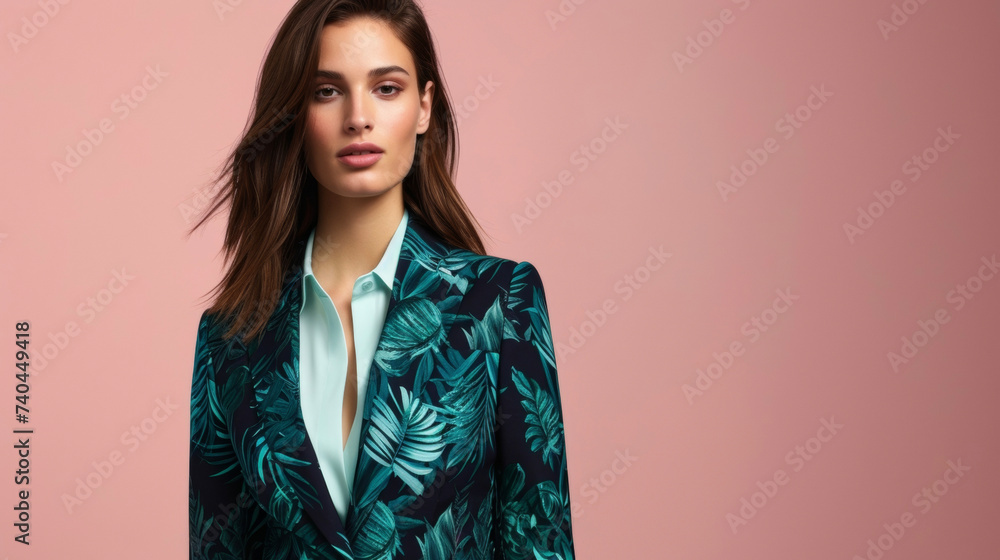Poster a sleek and modern blazer with a statement botanical print in shades of navy and emerald adds a touc