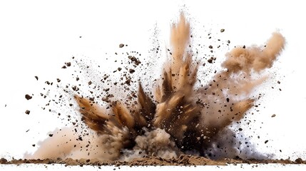 Dirt explosion with debris flying on white backdrop with a big empty space for text or product, Generative AI. - obrazy, fototapety, plakaty