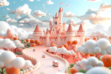 A dreamy castle in pastel colors in fluffy cotton candy clouds, sweet hills.