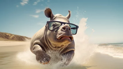 Draagtas Majestic rhinoceros saunters onto the beach, exuding coolness with oversized sunglasses, a beach giant, Ai Generated. © Crazy Juke