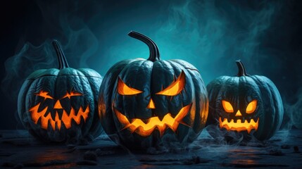 Scary Halloween pumpkins evoke a haunting ambiance against a dark blue background. Ai Generated