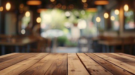 Wooden table in a blurred restaurant setting, offering empty space. Ai Generated.
