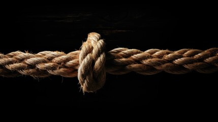 Tense moment captured: frayed rope teeters on the edge of breaking, epitomizing vulnerability. Ai Generated.