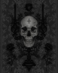 Skull, candlesticks with candles, roses - all on a black background. banner with skull created for card, poster, website, greeting invitation