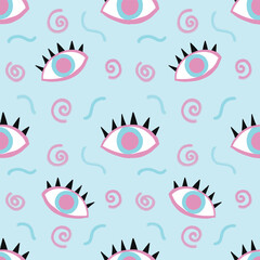 Artistic Summer Floral Pattern Design with Eye Icons, Nature-inspired Decorative Elements, Pink Shades, and Circular Shapes in a Beautiful Composition