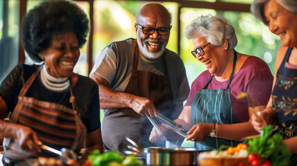 Group of joyful seniors enjoying a cooking class together, sharing laughter and culinary skills in a bright kitchen setting.