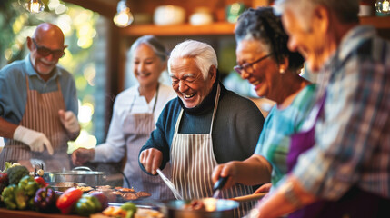 A group of joyful seniors cooking together, laughing, and sharing a convivial moment in a warm, well-lit kitchen.