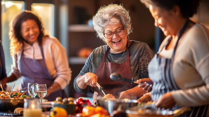 Senior friends laugh joyfully while cooking in a bright kitchen. - obrazy, fototapety, plakaty