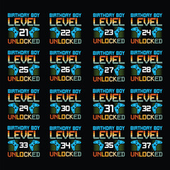 Naklejka premium Happy Birthday, Boy Level Unlocked Bundle. T-shirts, posters, prints. Retro video gamers controller and quote-level complete. Funny illustration for birthday decorations