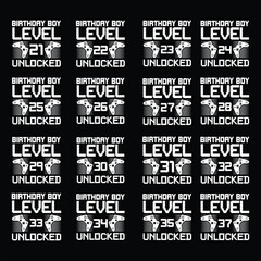Happy Birthday, Boy Level Unlocked Bundle. T-shirts, posters, prints. Retro video gamers controller and quote-level complete. Funny illustration for birthday decorations