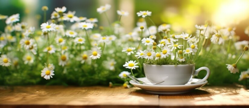 Daisies in cups in front of the terrace