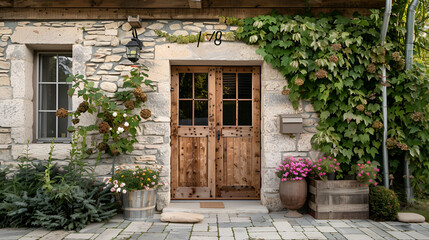 Fototapeta na wymiar Exterior of front doorway luxury farm style house in countryside, Main entrance door in house. Exterior of georgian style home , front door