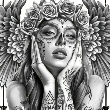 Template of design art for t-shirt. beautiful woman in chicano style.