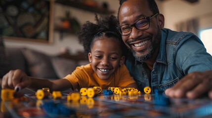 A joyful father and his young daughter are engaged in a fun dice game, smiling and enjoying their time together. ai - obrazy, fototapety, plakaty