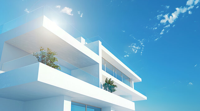 3d render of minimal modern architecture building with blue sky , Architectural detail of a luxury modern house on the mediterranean coast summer holiday and real estate

