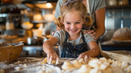 A young girl with a beaming smile enjoys baking, with hands-on guidance from a parent in a home kitchen. Parents teaching children baking, highlighting tradition, and education in the kitchen. AI - obrazy, fototapety, plakaty